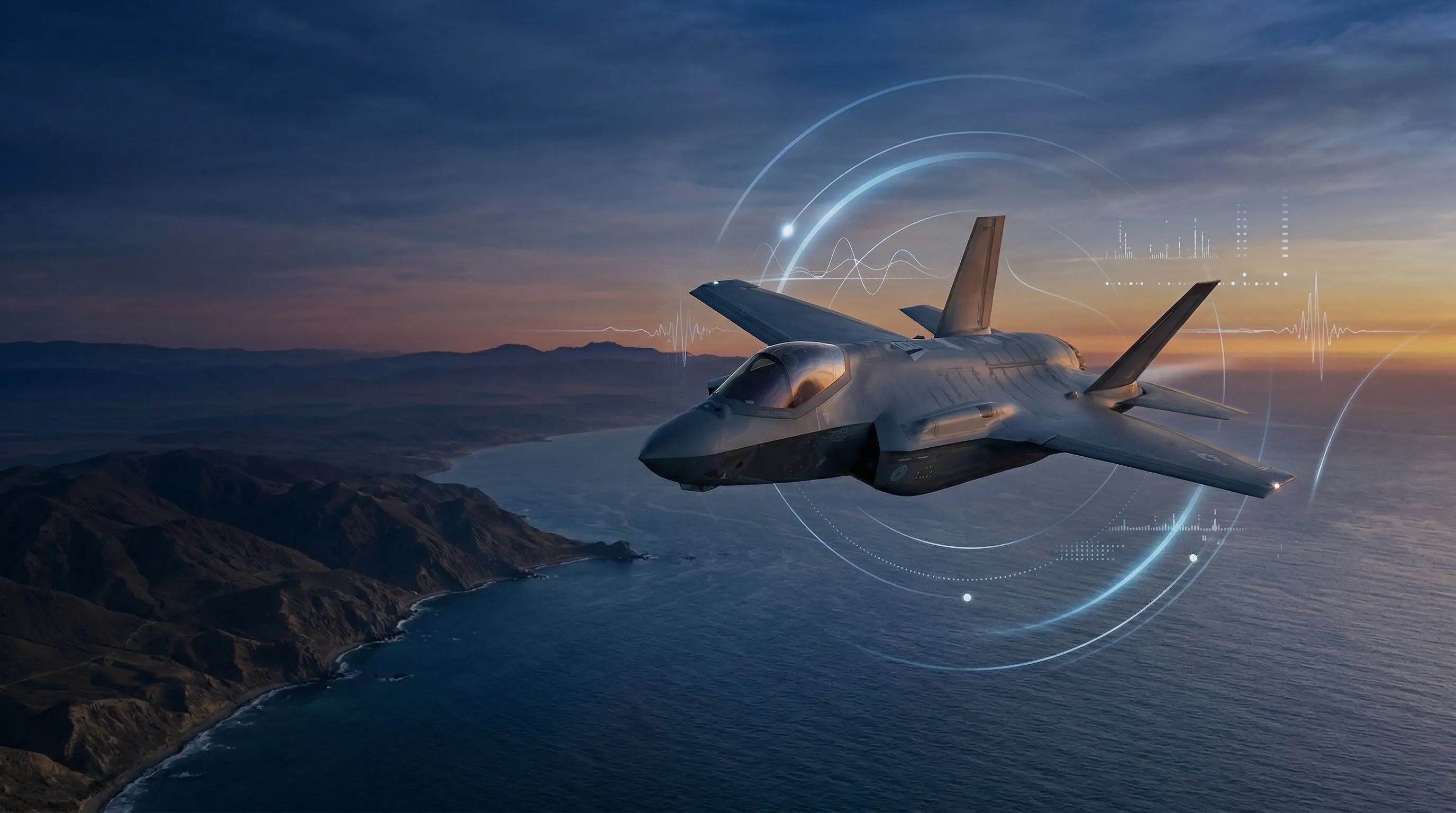 Aircraft RF mission environment over a shoreline at night