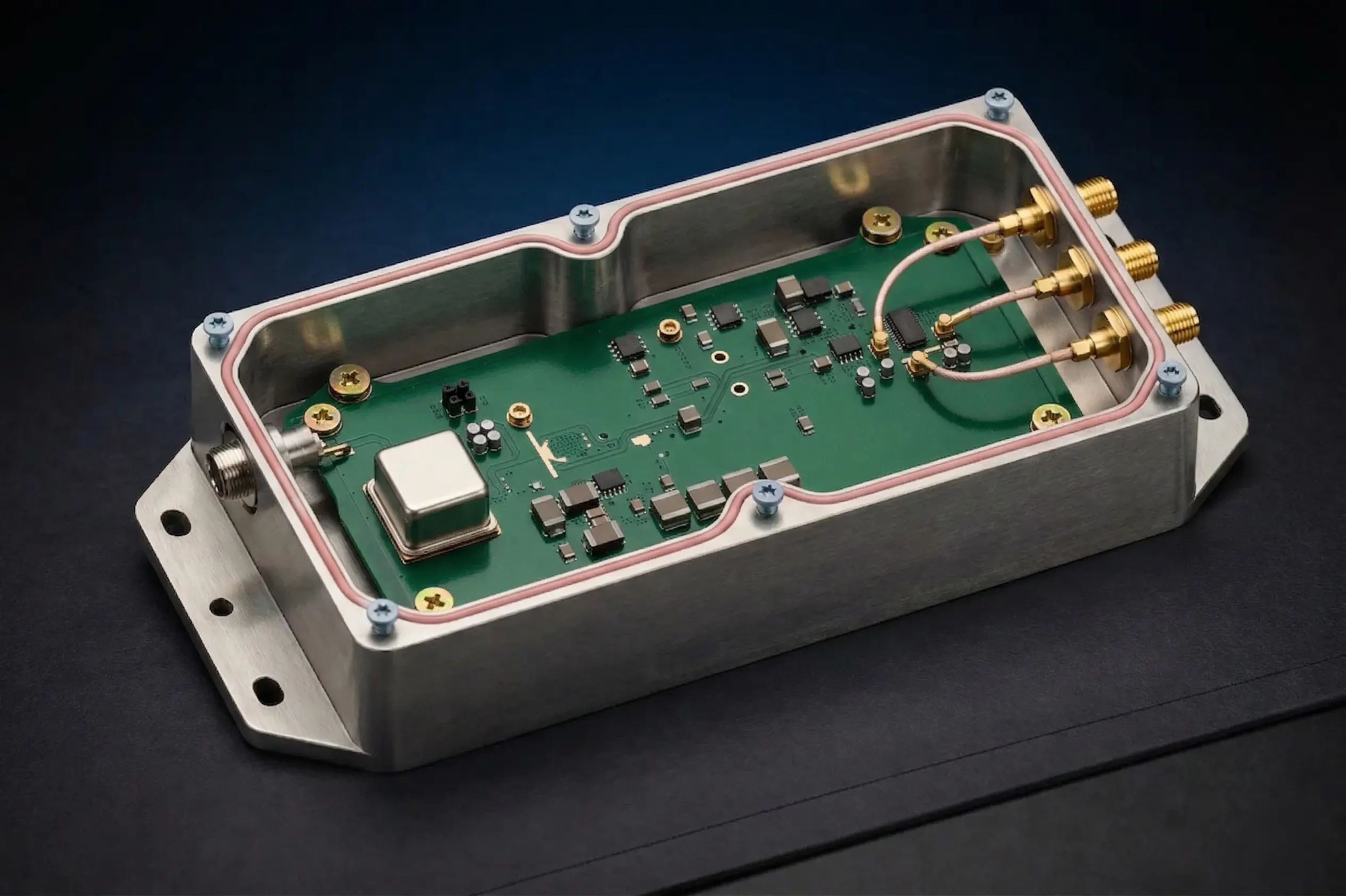 Low-jitter microwave clock source hardware on green PCB