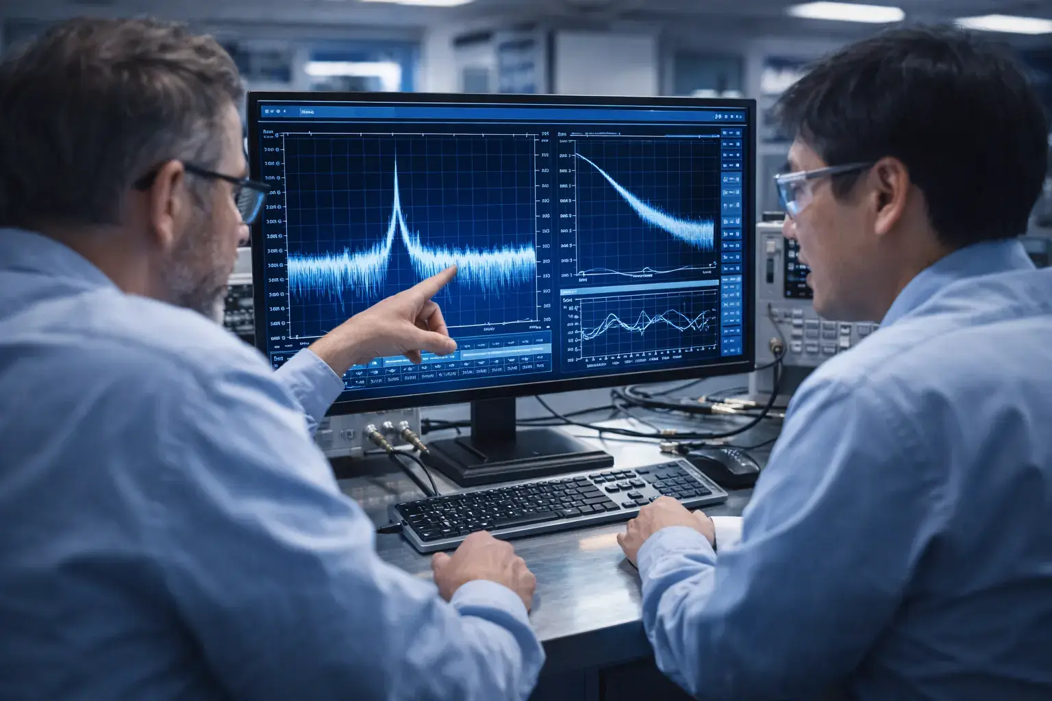 Engineers analyzing microwave signal data in a laboratory