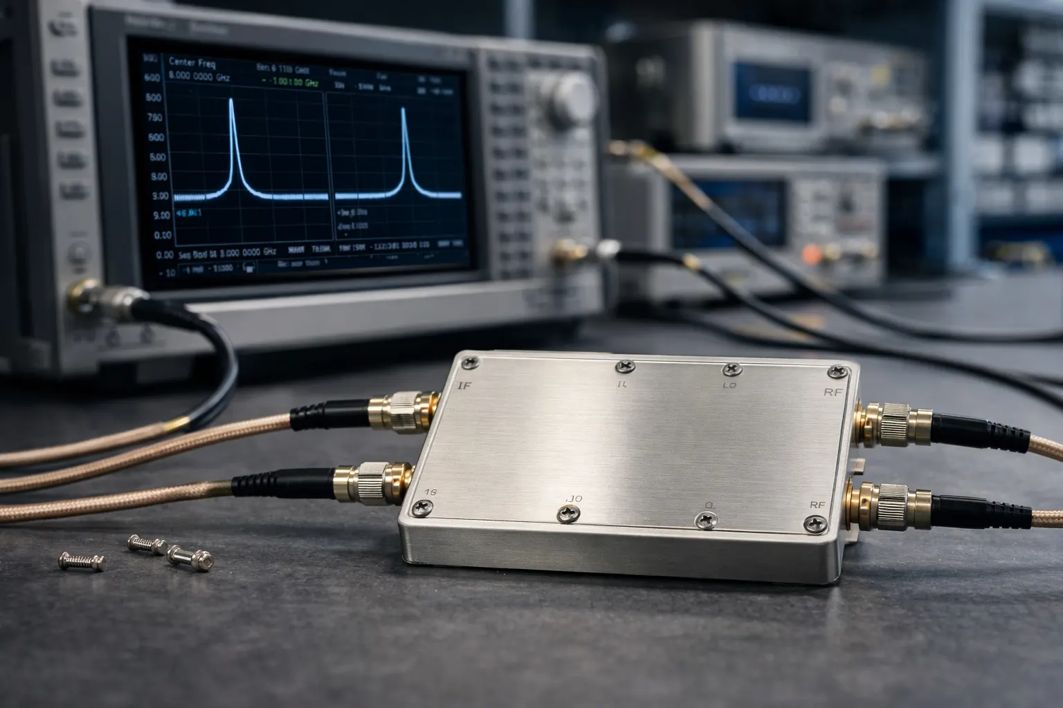 Microwave frequency converter hardware on test bench