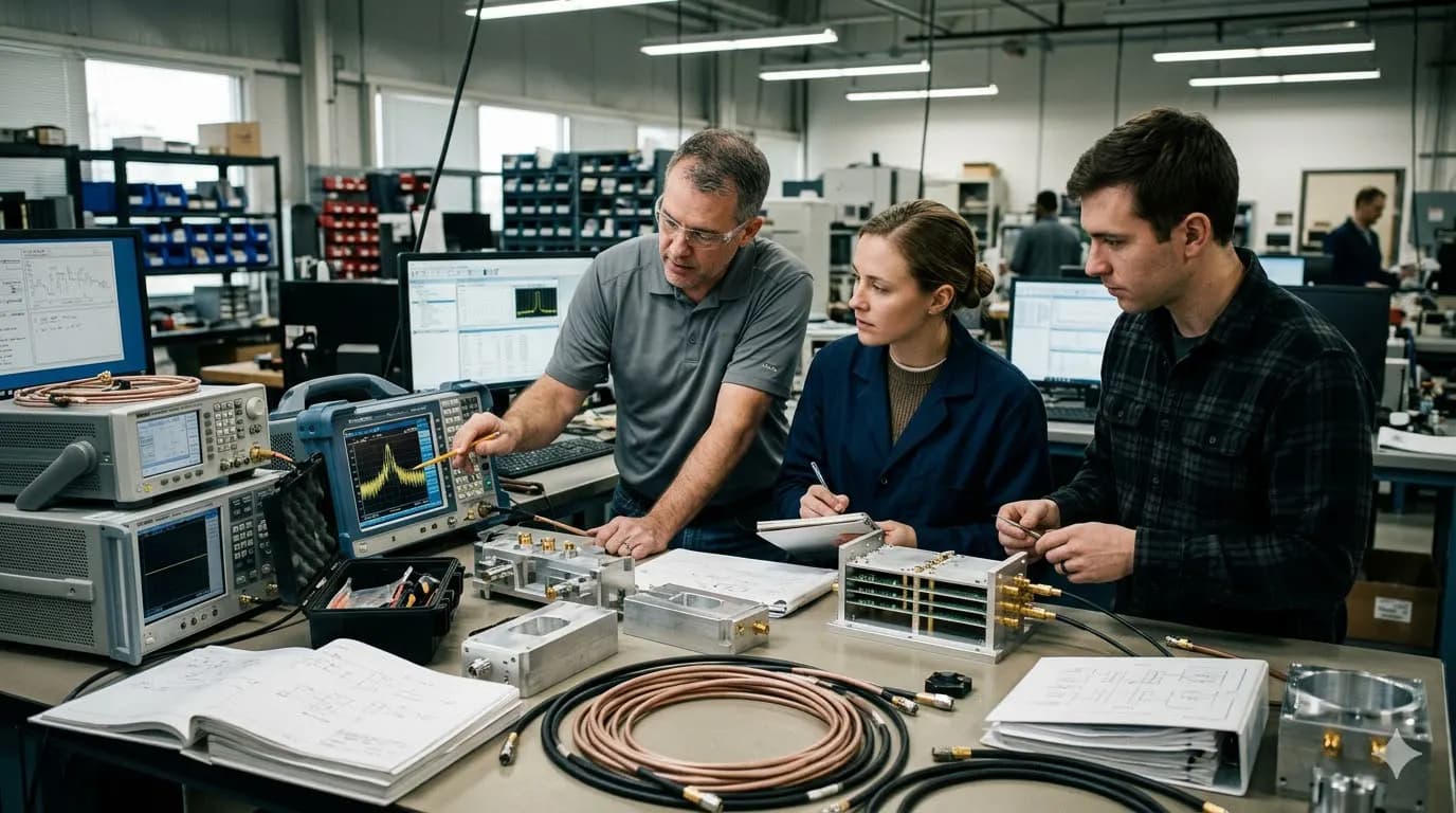 Engineers collaborating on RF system integration in an electronic warfare environment